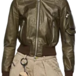 Livia Green Leather Bomber Jacket