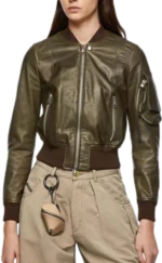 Livia Green Leather Bomber Jacket