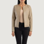 Elixir Beige Collarless Leather Jacket - Image 3