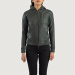 Hornet Green Hooded Leather Bomber Jacket - Image 4