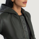 Hornet Green Hooded Leather Bomber Jacket - Image 6