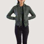 Hornet Green Hooded Leather Bomber Jacket - Image 3