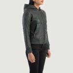 Hornet Green Hooded Leather Bomber Jacket - Image 2