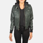 Thunderbird Green Hooded Leather Bomber Jacket - Image 3