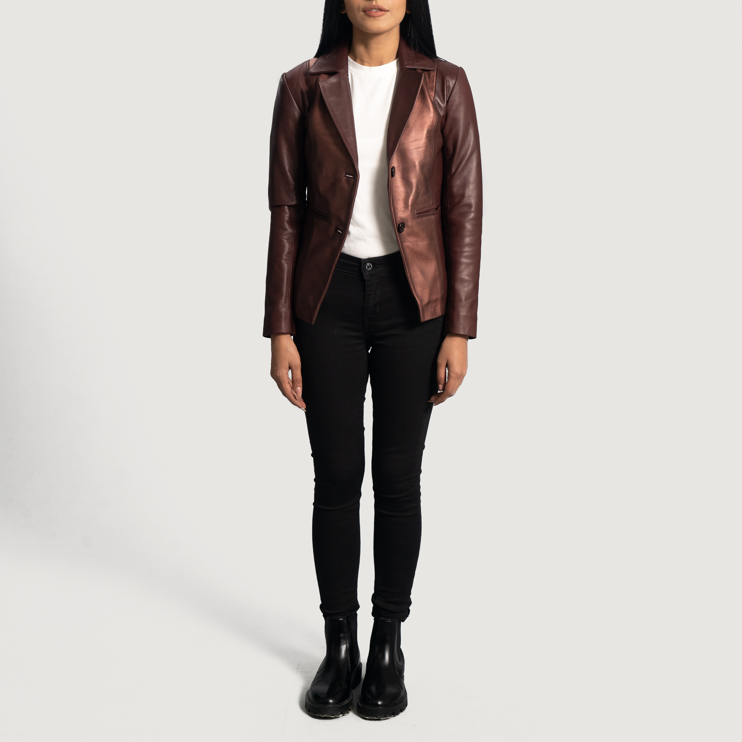 Womens Ruby Metallic Maroon Leather Blazer Full Length-2-1664358971254 Ruby Metallic Maroon Leather Blazer - Image 1