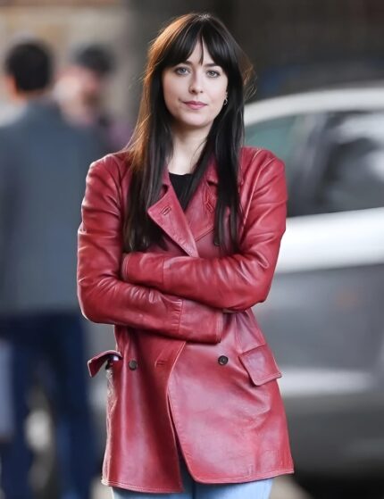 Dakota Johnson Madame Web 2024 Red Leather Coat