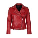 Womens Red Spike Studded Leather Jacket