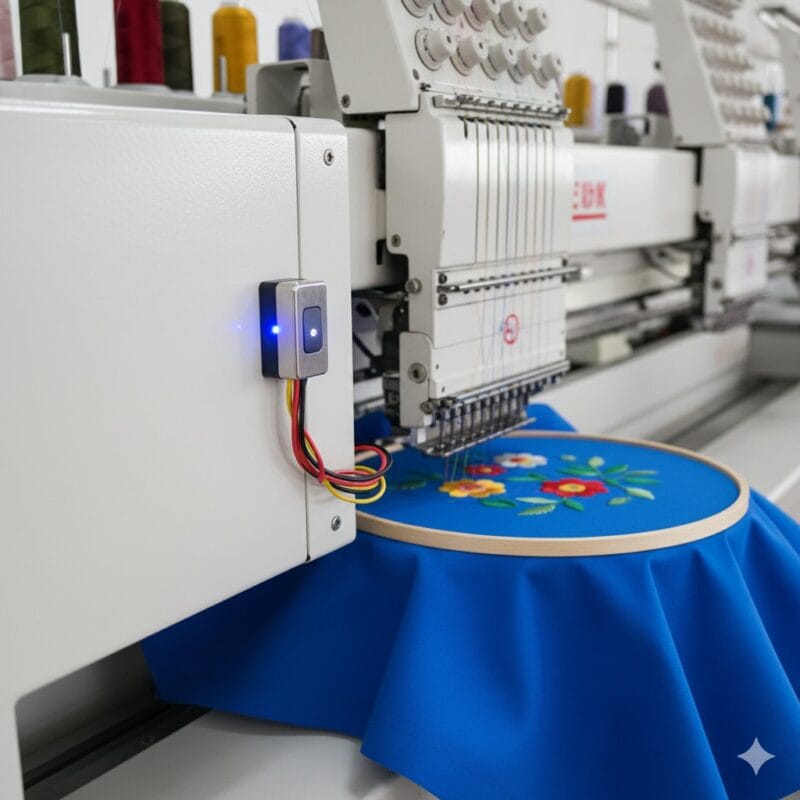 Safety door sensor on embroidery machine side cover ensuring operator safety and automatic machine shut-off when door is opened.