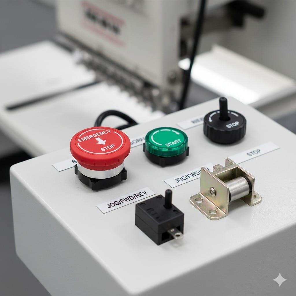 Switches for Embroidery Machines – Limit, Micro, Emergency, Jog & Start/Stop Guide