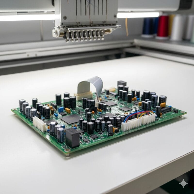 Close-up of sequin and cording device control board with electronic components for embroidery machines.