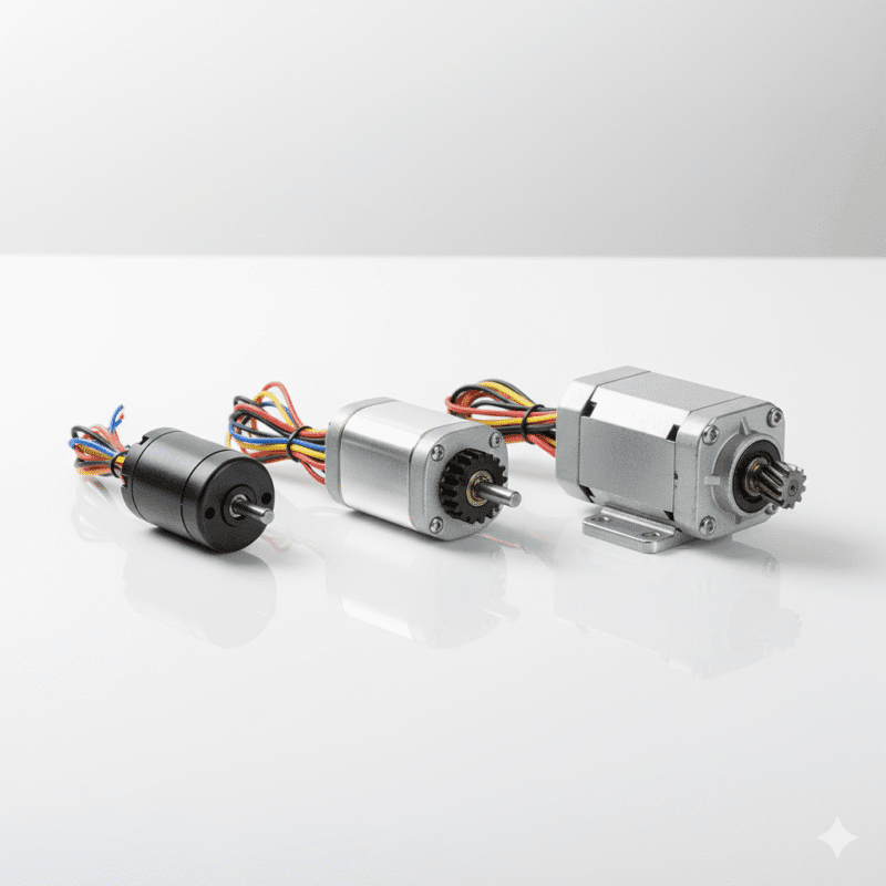 Realistic image of DC motors for embroidery machines, including bobbin winder, thread trimmer, and presser foot lift, displayed on a clean background.